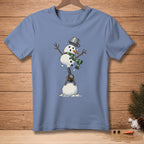 Snowman with bucket hat and scarf operating a leaf blower with "More Power" text.