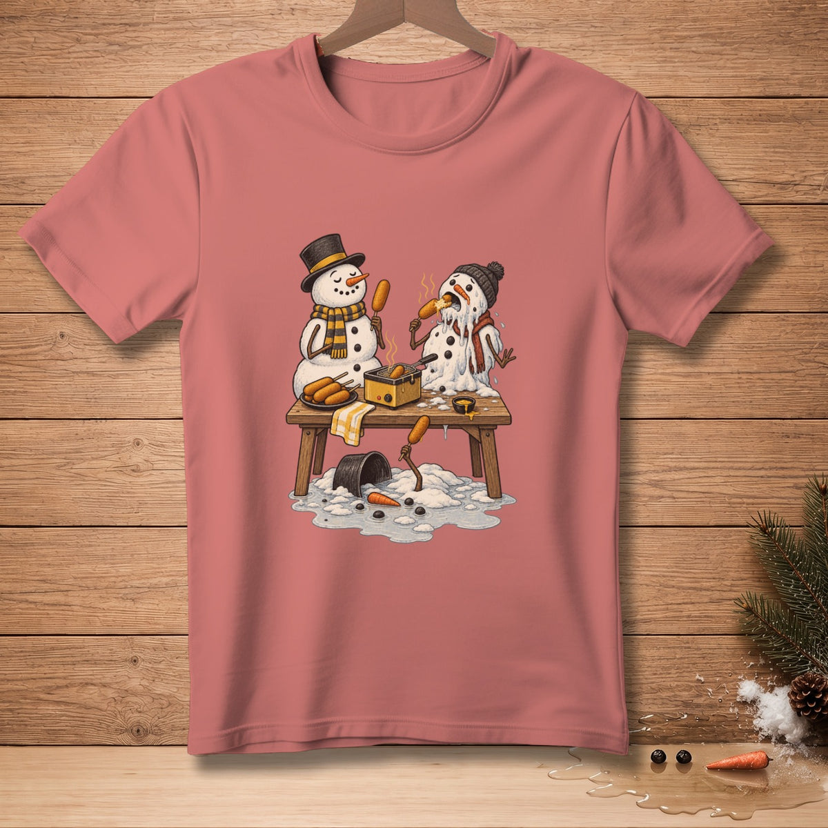 Melting snowmen trying to eat corn dogs on a table.
