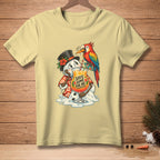 Yellow t-shirt with melting snowman holding a tropical drink and a parrot.
