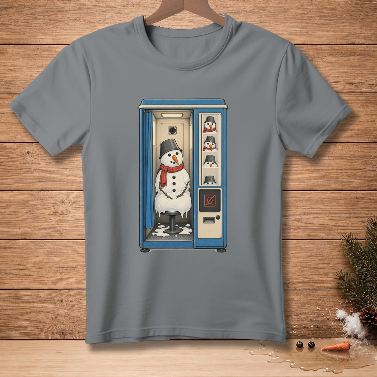 Snowman in photo booth with melting snow and four smaller snowmen in frames.