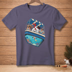 Snowman in boat with people above aquarium with fish and coral reef.