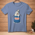 Melting snowman in bucket with "WORKING" text on a blue t-shirt.