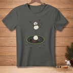 Snowman jumping on a trampoline with a hat, carrot, and coal on the ground.