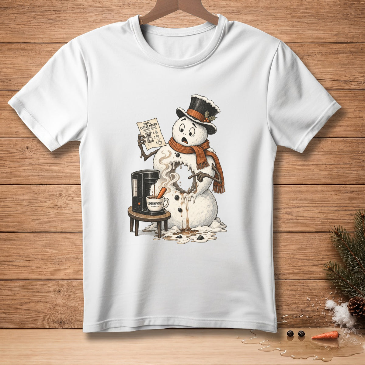 T-shirt with melting snowman reading coffee maker instructions.