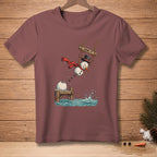 Snowman on a swing with "SEND IT." text, jumping into water from a dock.