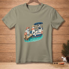 Snowmen board a boat at a dock, with text "ALL ABOARD." on the boat.