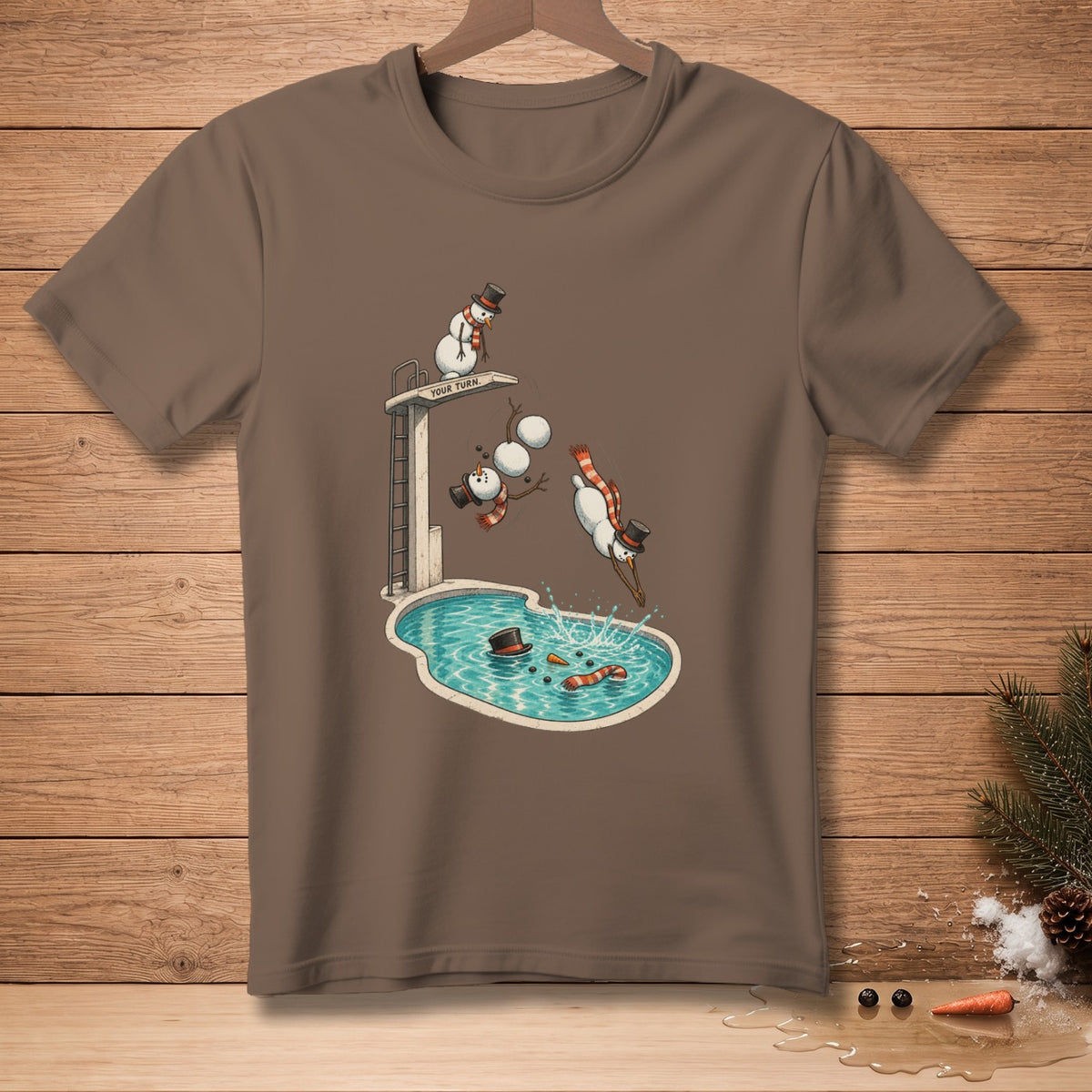 Snowmen diving into a pool from a diving board with "Your Turn" text.
