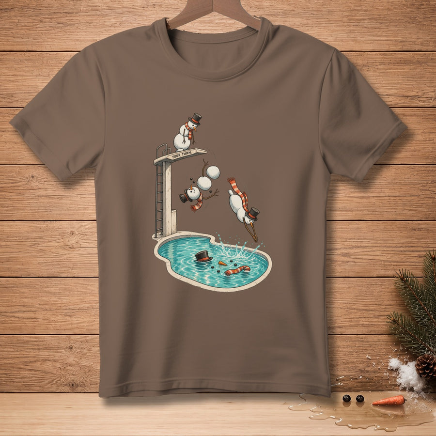 Snowmen diving into a pool from a diving board with "Your Turn" text.