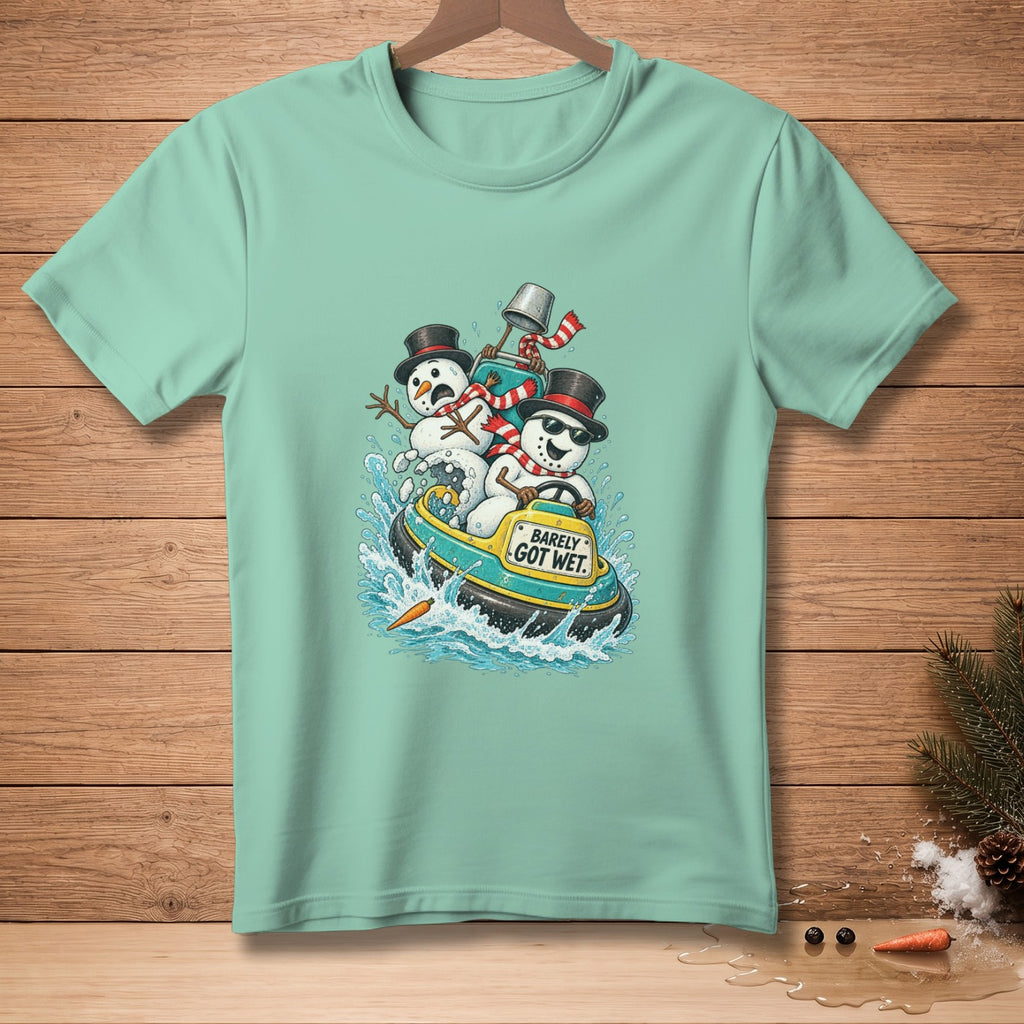 Three snowmen in a jet boat with "Barely Got Wet" text splashing water.