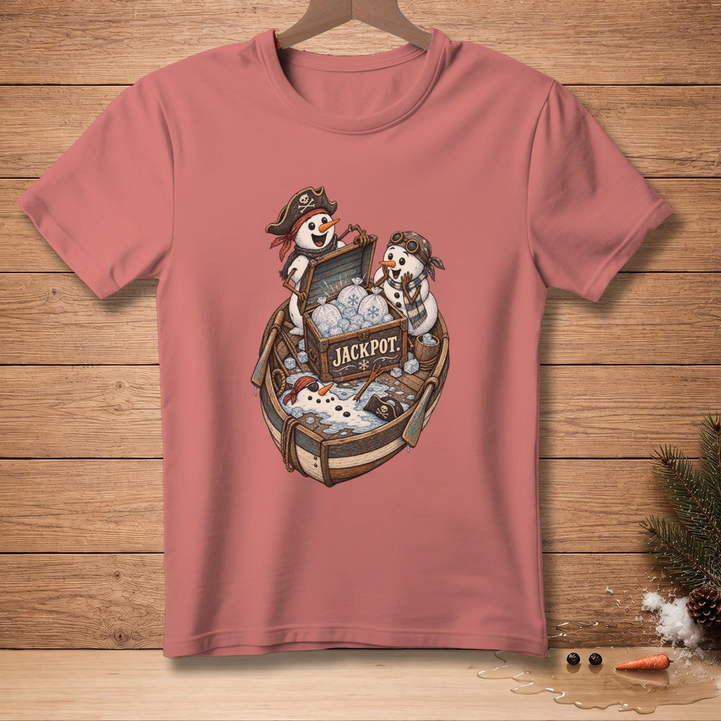 T-shirt with pirate snowmen in a boat filled with ice and a "Jackpot" chest.