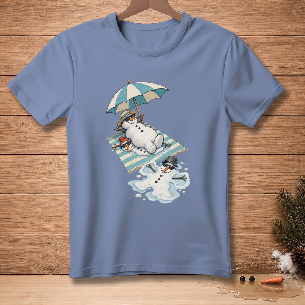 Snowmen relaxing under an umbrella on a beach towel, one melting.