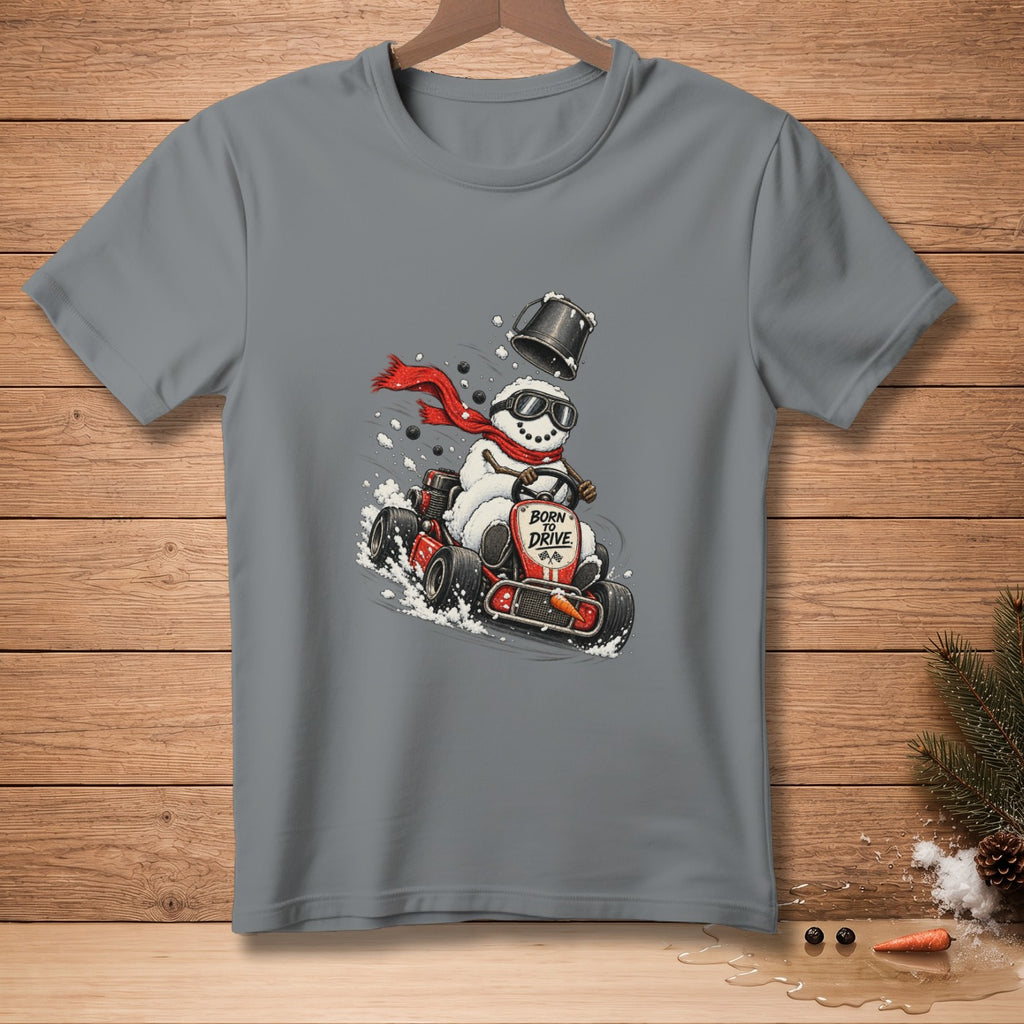 Snowman wearing scarf and goggles driving a go-kart with "Born to Drive" text.