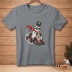 Snowman wearing scarf and goggles driving a go-kart with "Born to Drive" text.