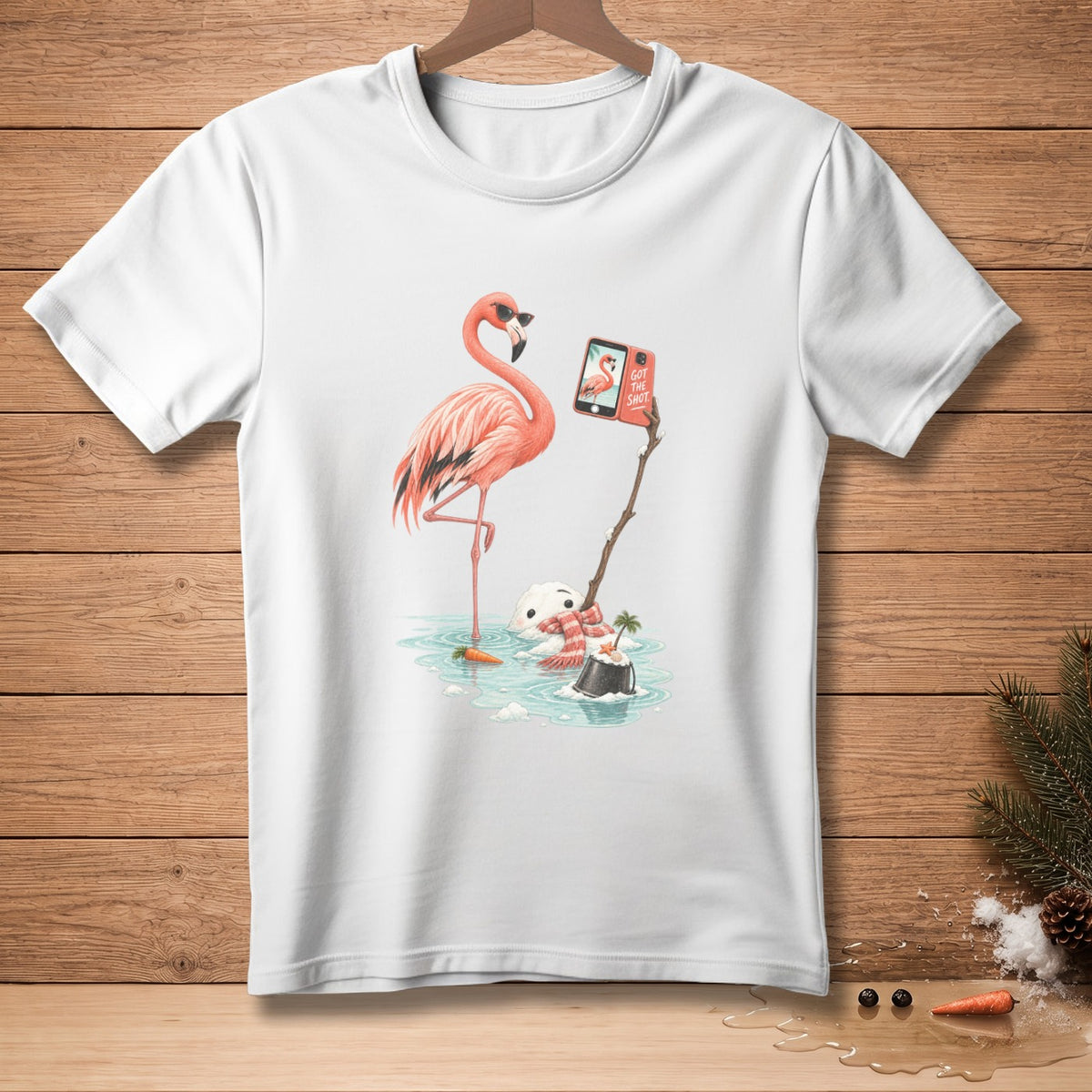 Flamingo taking selfie with melting snowman and text "GOT THE SHOT".