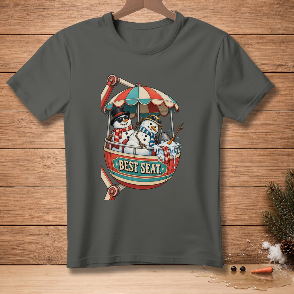 Two snowmen ride a Ferris wheel gondola labeled "BEST SEAT".