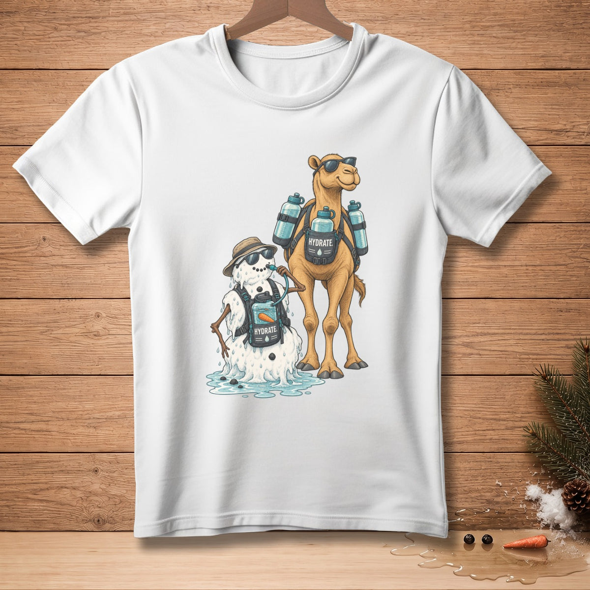 White t-shirt featuring a melting snowman and a camel wearing hydration packs.