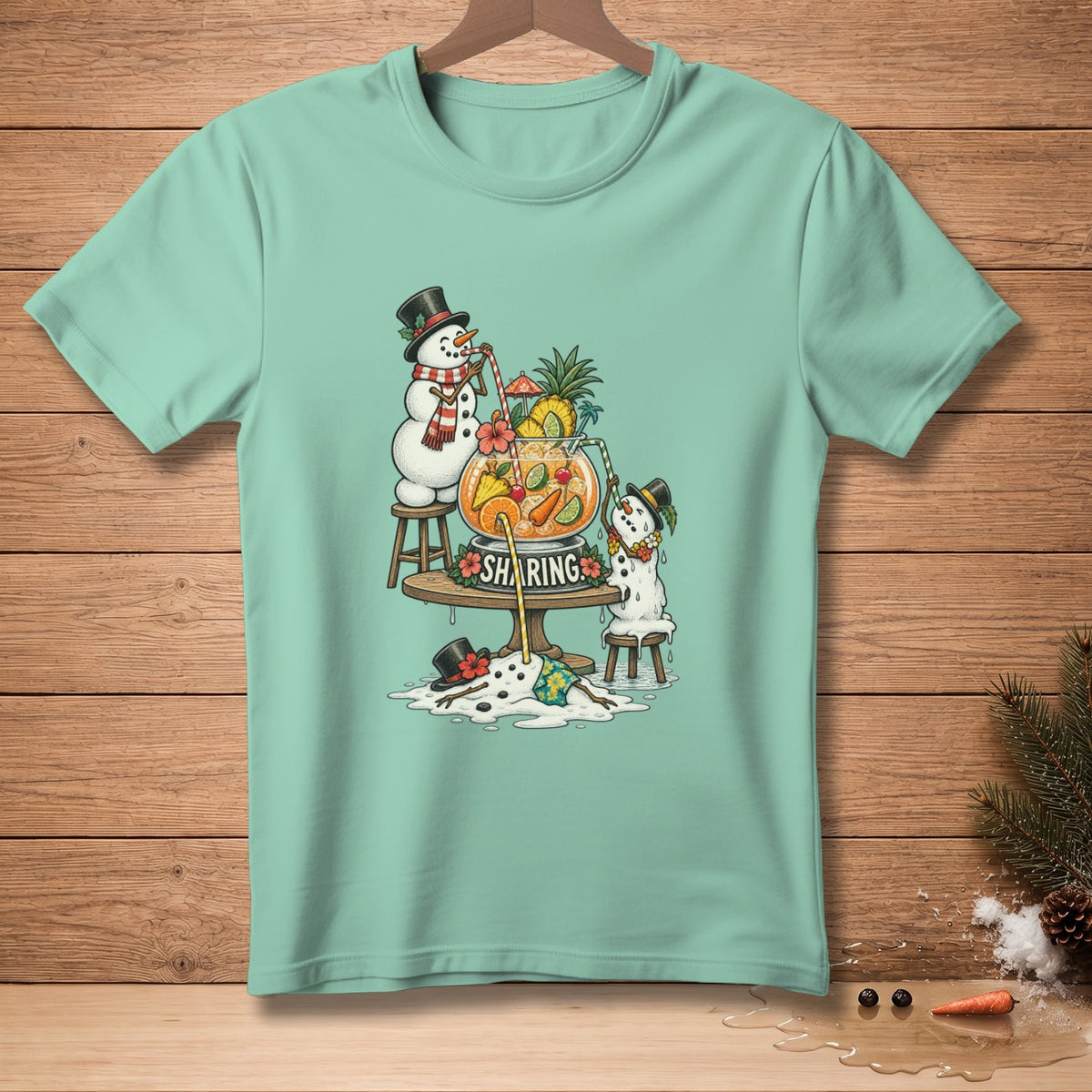 Two snowmen enjoying a tropical drink with the word "Sharing".