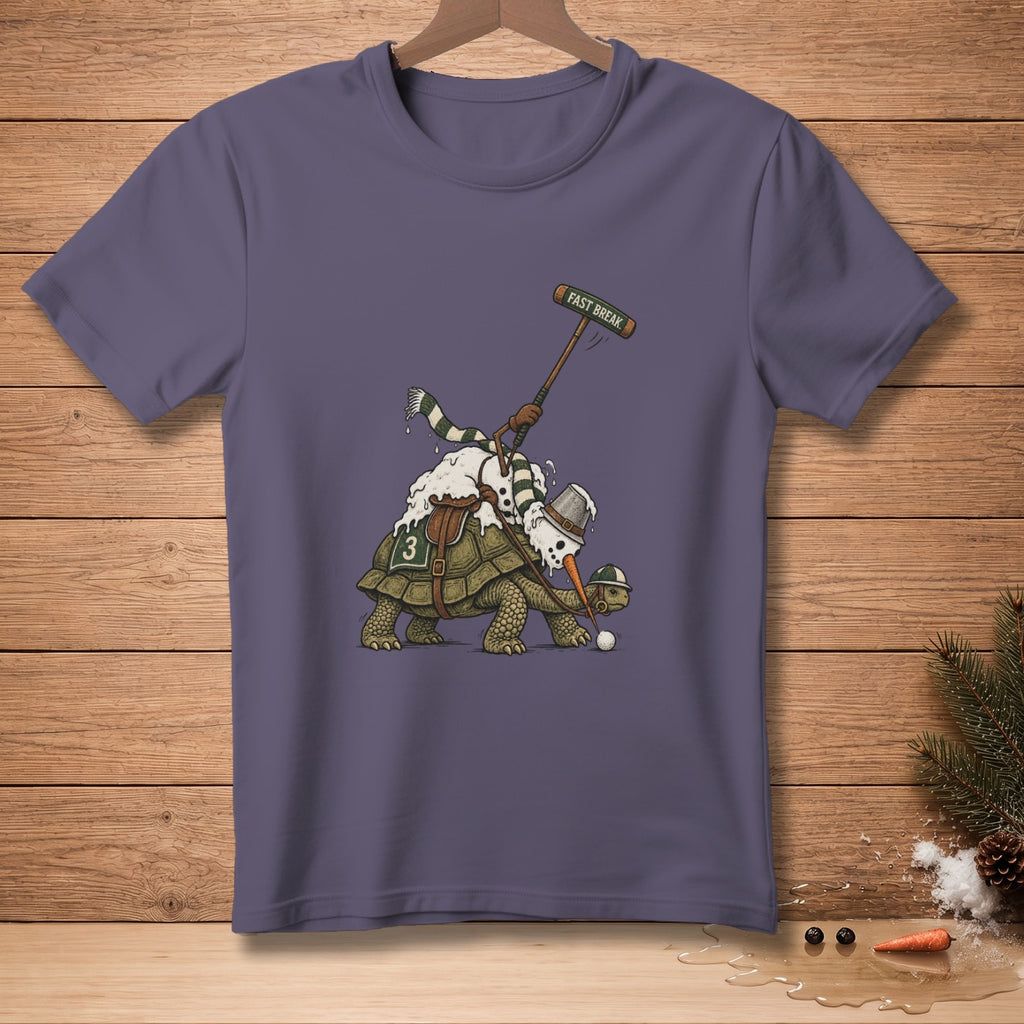 Turtle carrying a snowman playing polo, "FAST BREAK" text.