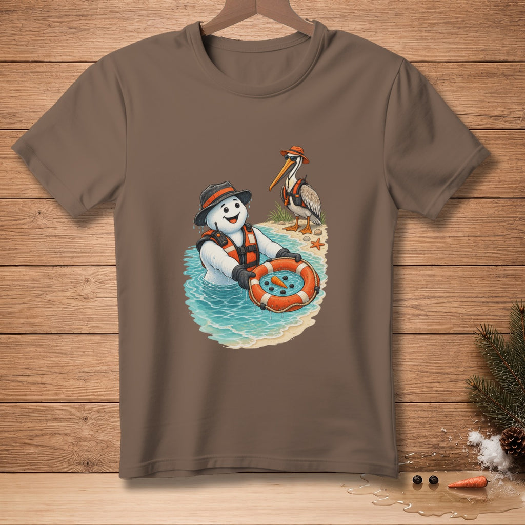 Snowman wearing a life vest and hat in water with a pelican on the beach.