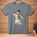 Gray t-shirt with a melting muscular snowman graphic wearing a top hat and scarf.