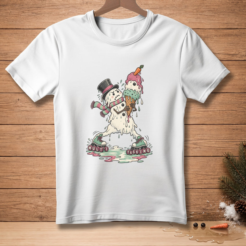Melting snowman on roller skates holding ice cream cone, text "Multitasking."