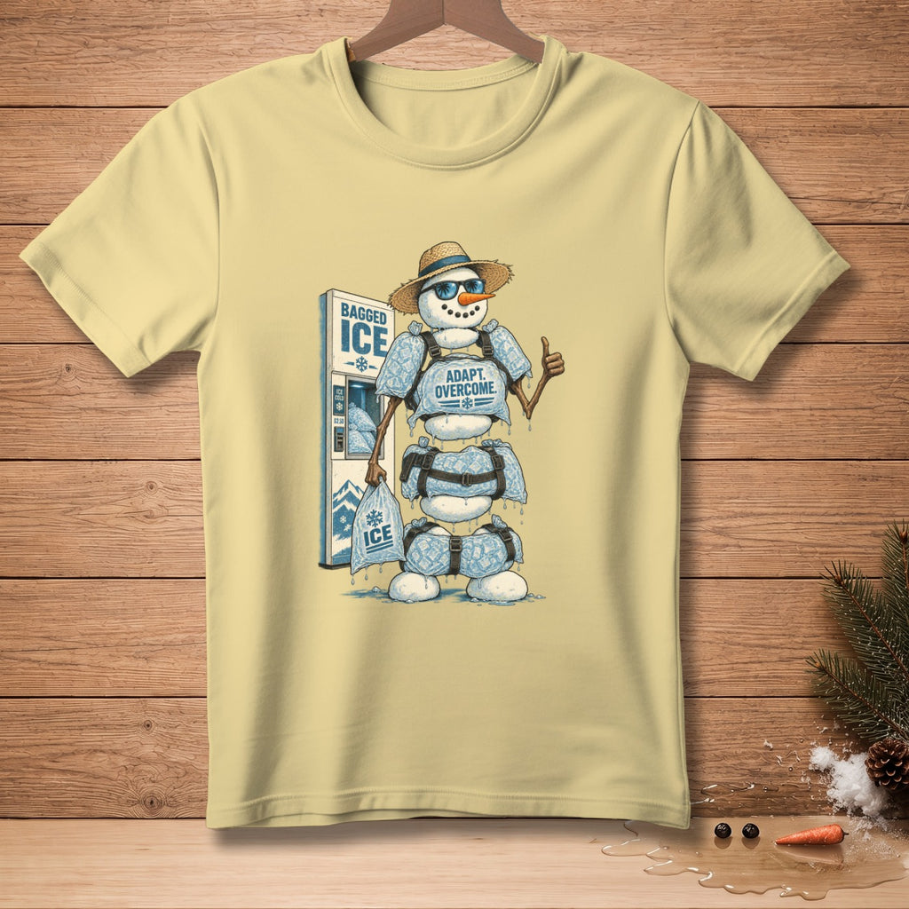 Snowman with sunglasses and straw hat, holding ice bag, by ice machine with text.