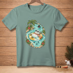 Snowman with sunglasses floats in river on a tropical island with palm trees.