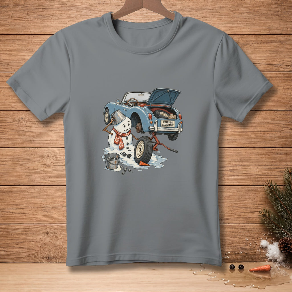 Snowman changing tire on blue car with "Roadside Assistance" sign.