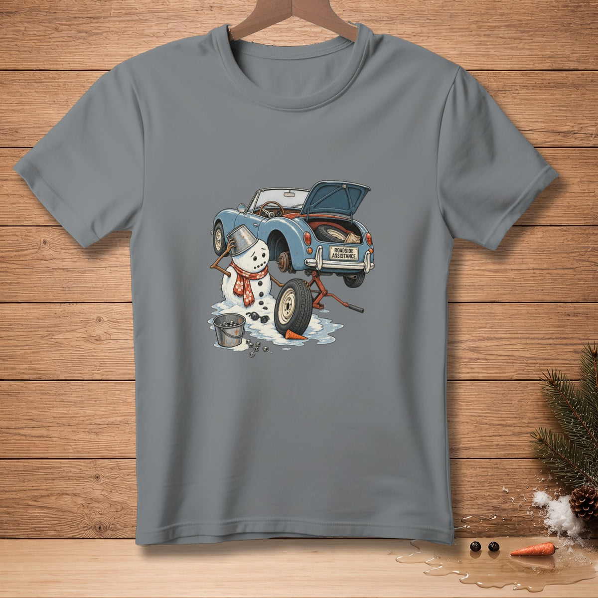 Snowman changing tire on blue car with "Roadside Assistance" sign.