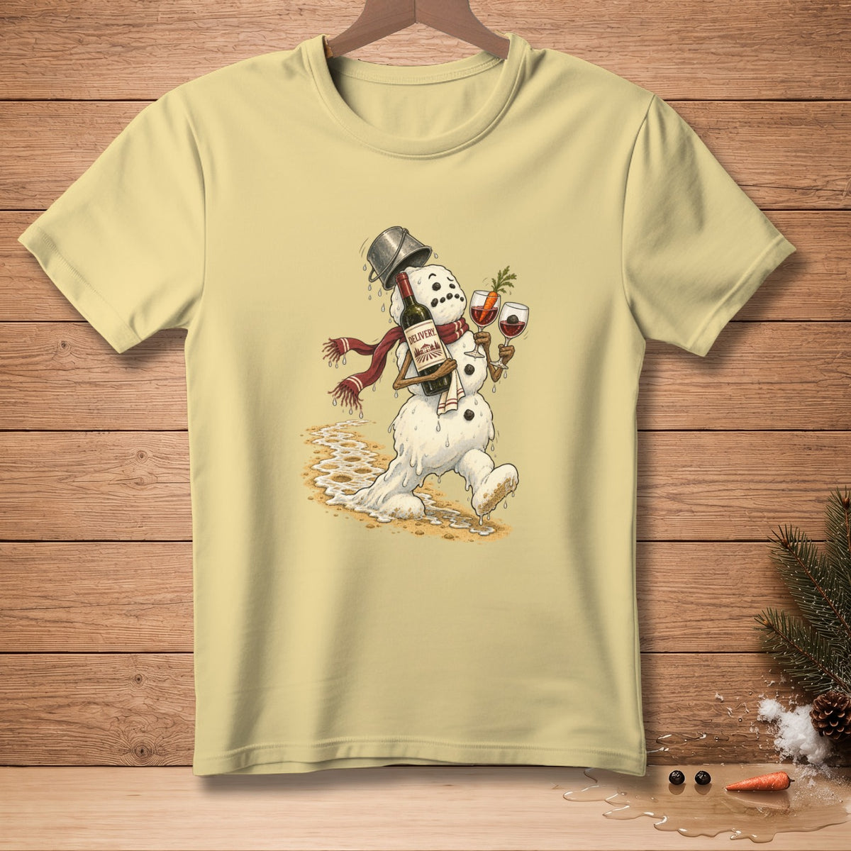 Melting snowman with a bottle of wine, two glasses, and a bucket hat.