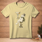 Snowman with bucket hat, scarf, and martini on stool, text reads "Shaken, Obviously".