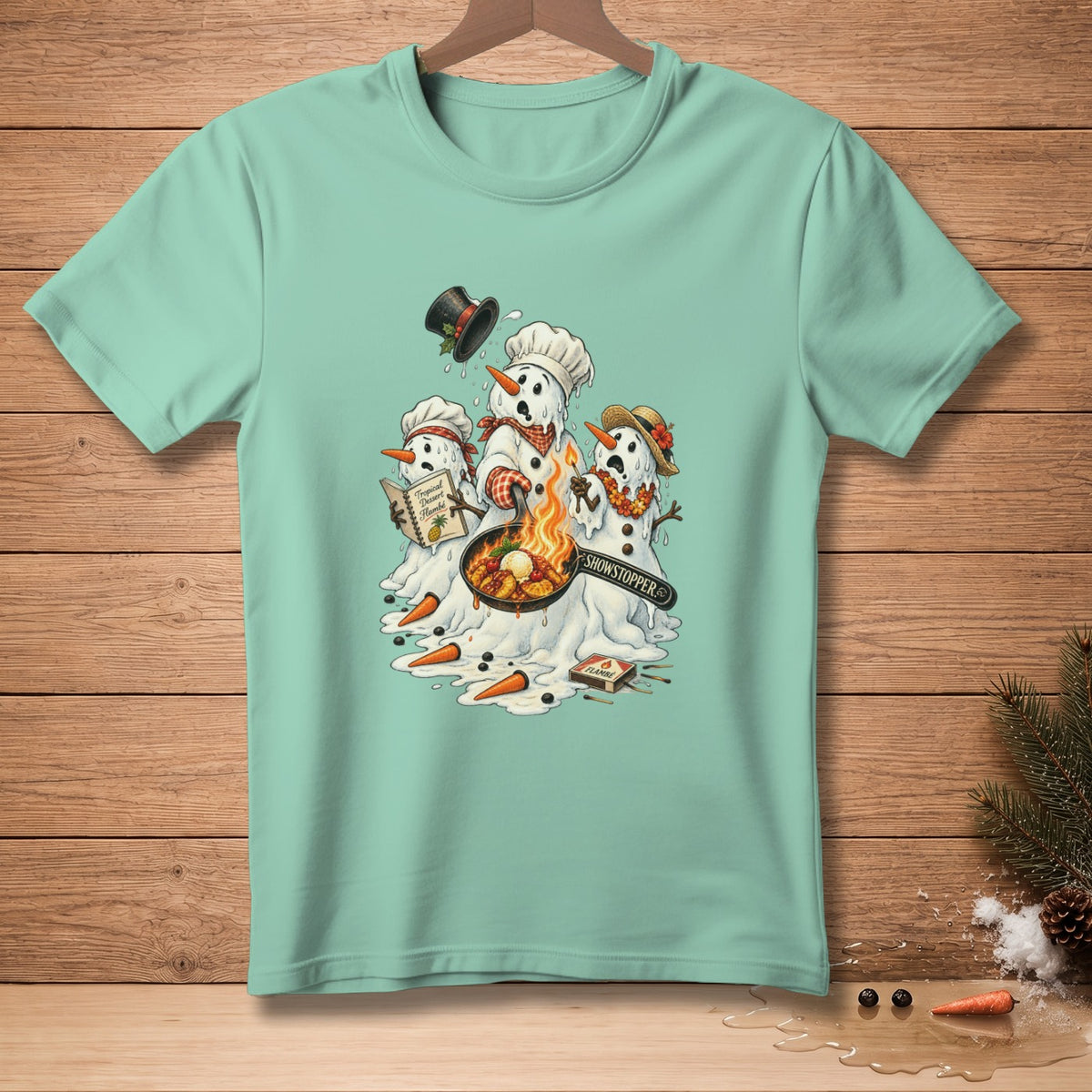Snowmen cooking tropical dessert flambé with "Showstopper" sign.