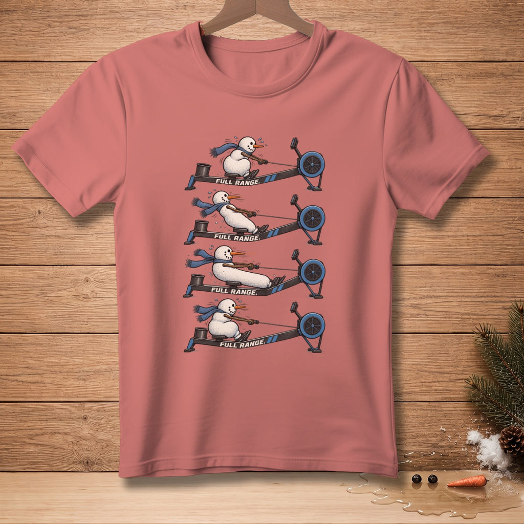 Snowmen on rowing machines showing different stages of motion, with "FULL RANGE" text.