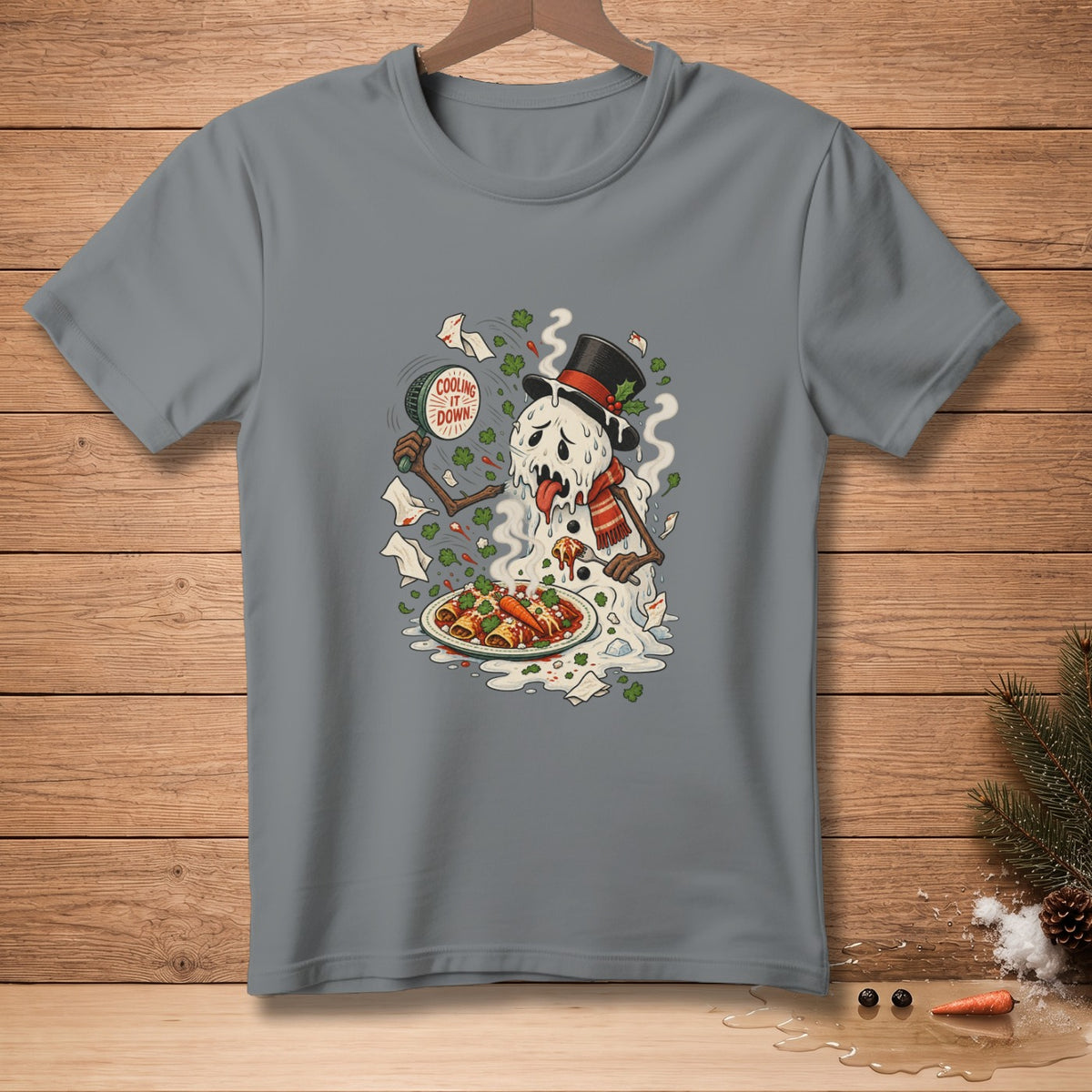 Melting snowman in a top hat eating enchiladas, holding a sign that says "Cooling It Down".