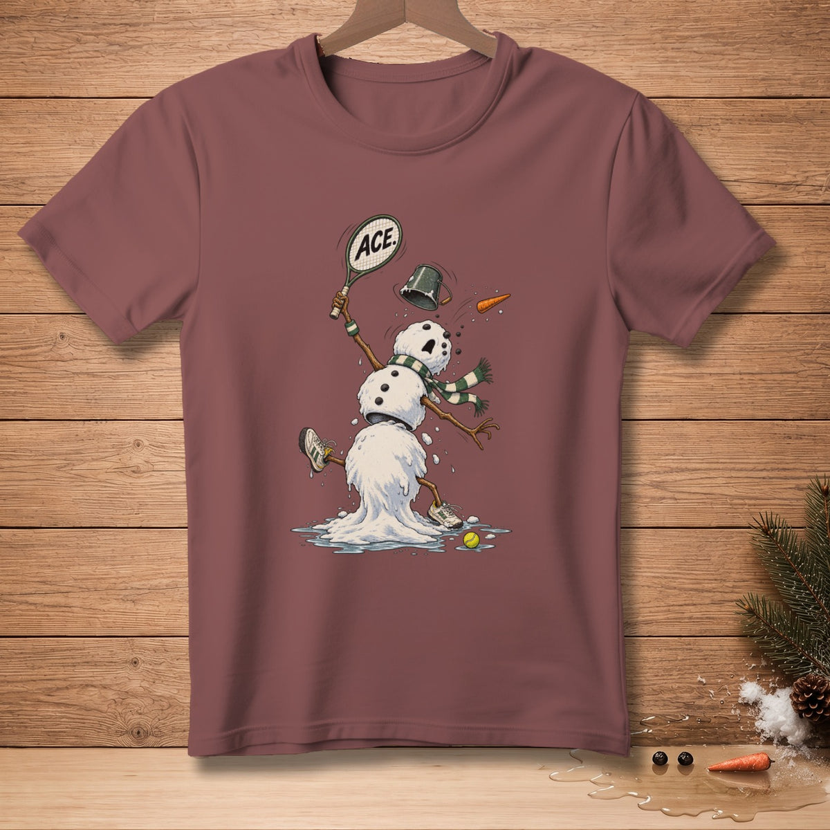 Melting snowman playing tennis with a bucket on its head and "ACE" on the racket.