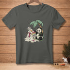 Panda with bamboo and melting snowman eating ice cream, text "KEEPING COOL."