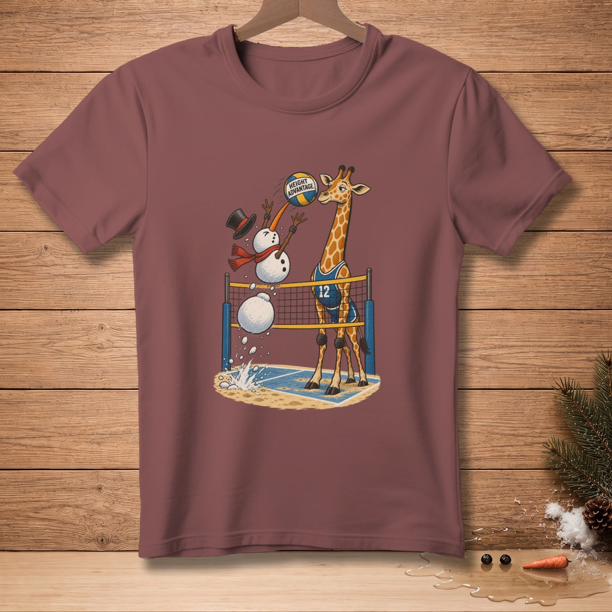 Giraffe playing volleyball against snowmen, volleyball has "HEIGHT ADVANTAGE" text.