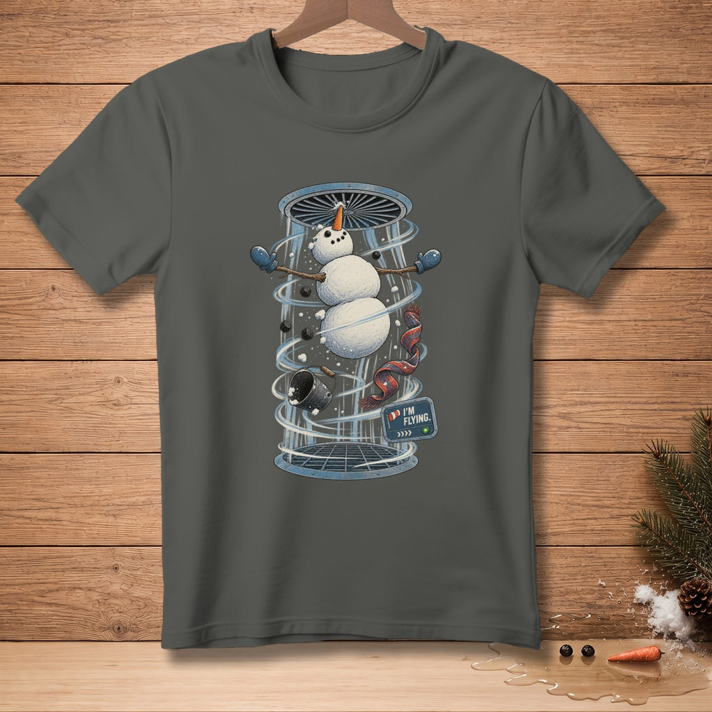 Snowman in a wind tunnel with "I'M FLYING." text on a dark gray t-shirt.
