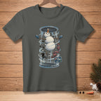 Snowman in a wind tunnel with "I'M FLYING." text on a dark gray t-shirt.