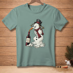 Melting snowman with carrot nose drinking from a wine bottle labeled "Improvise."