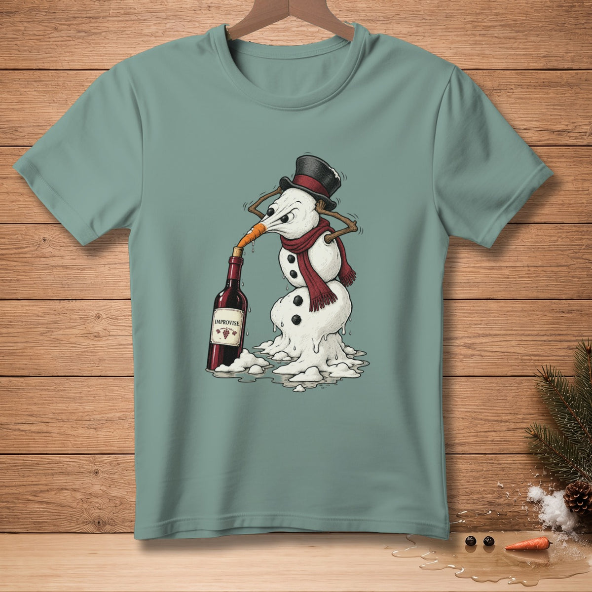 Melting snowman with carrot nose drinking from a wine bottle labeled "Improvise."