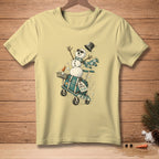Snowman on a luggage cart with "Free Shuttle" tag and tropical icons.