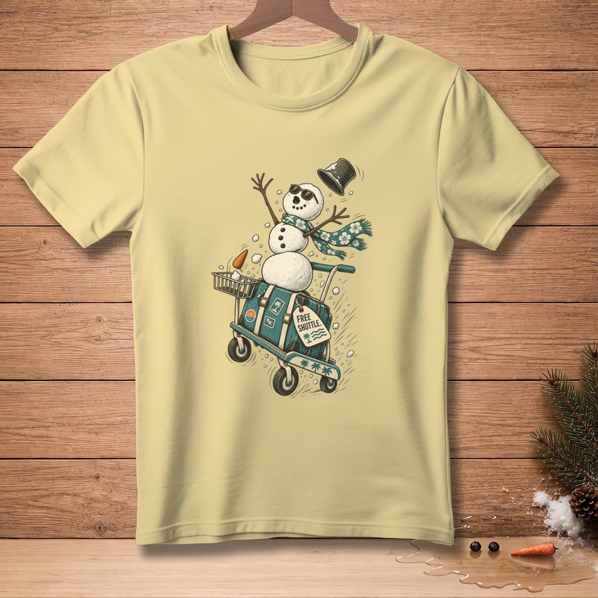 Snowman on a luggage cart with "Free Shuttle" tag and tropical icons.
