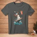 Surfing snowman with a drink, text "Save the Drink" on a dark gray t-shirt.