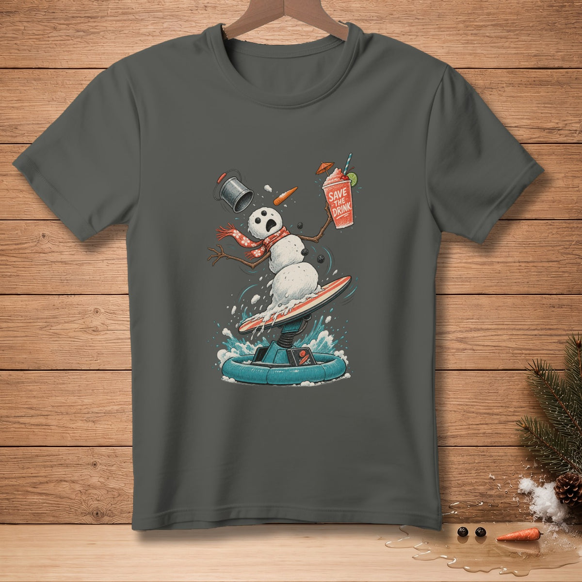 Surfing snowman with a drink, text "Save the Drink" on a dark gray t-shirt.