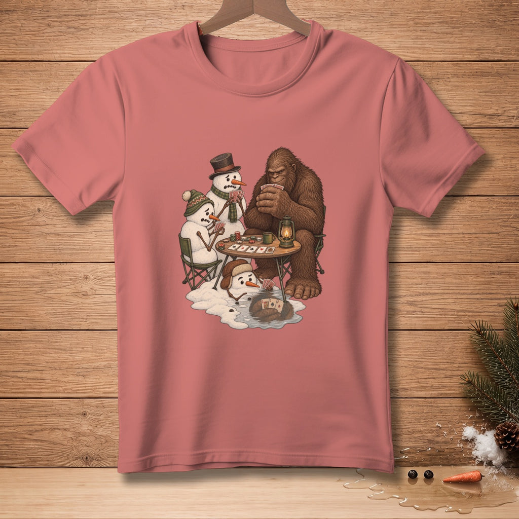 Bigfoot plays poker with snowmen around a table with a lantern and playing cards.