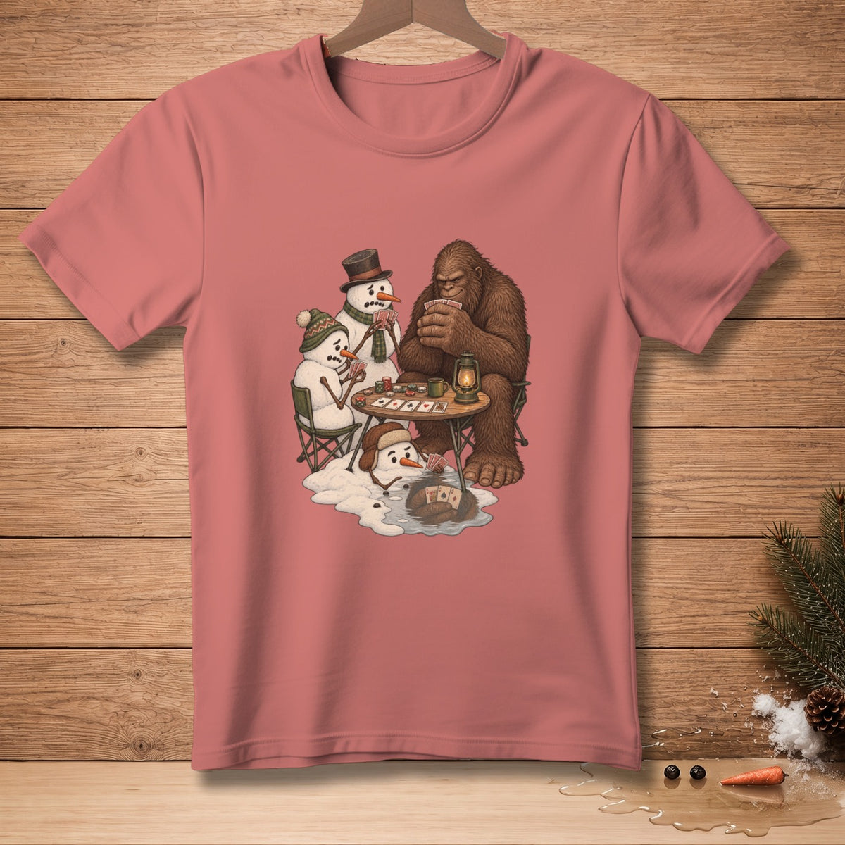 Bigfoot plays poker with snowmen around a table with a lantern and playing cards.