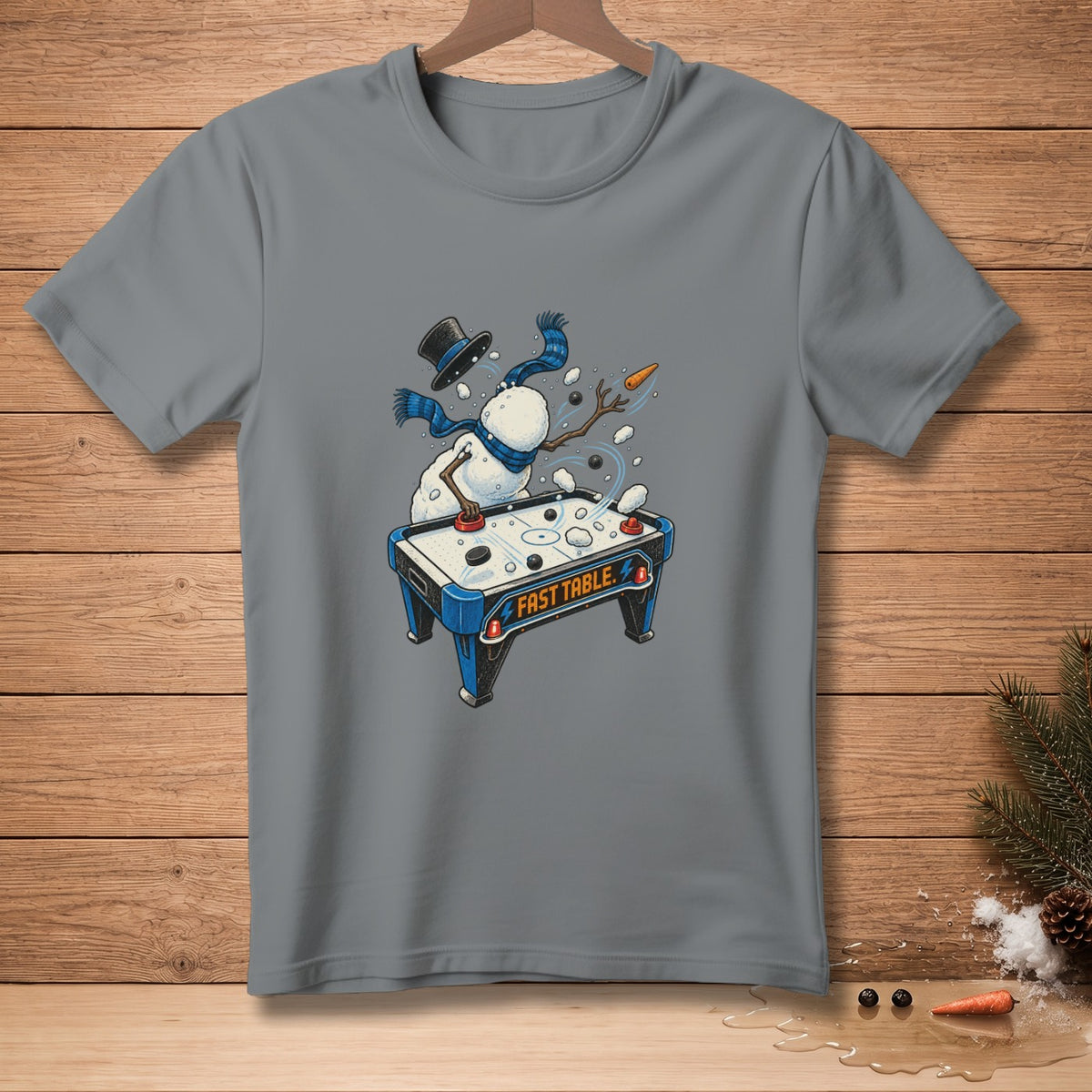 Snowman playing air hockey on a table labeled "FAST TABLE".