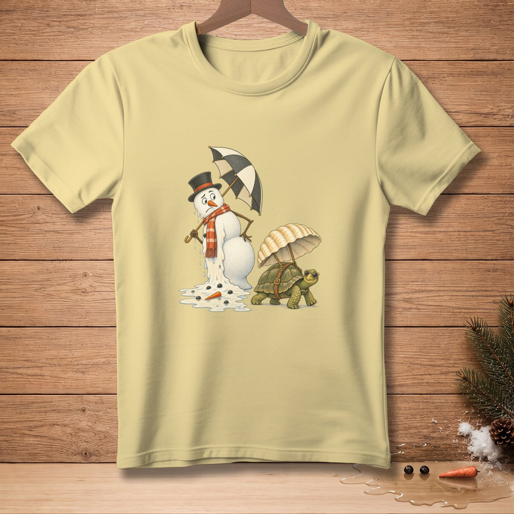 T-shirt with melting snowman holding umbrella and turtle with parachute umbrella.