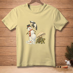 T-shirt with melting snowman holding umbrella and turtle with parachute umbrella.